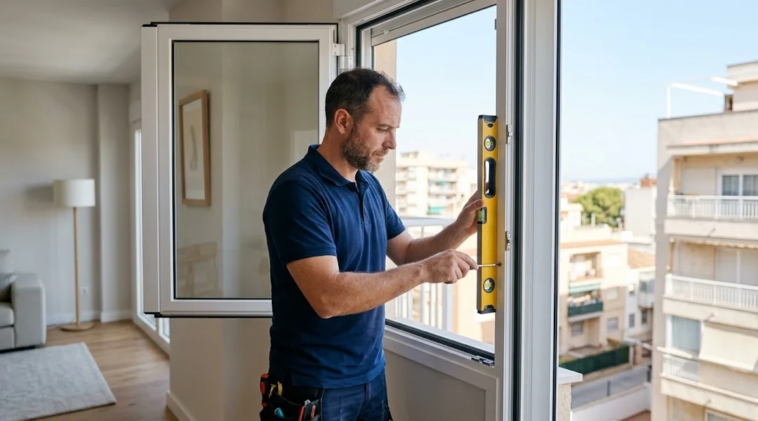 Instalador colocando una ventana de aluminio en una vivienda