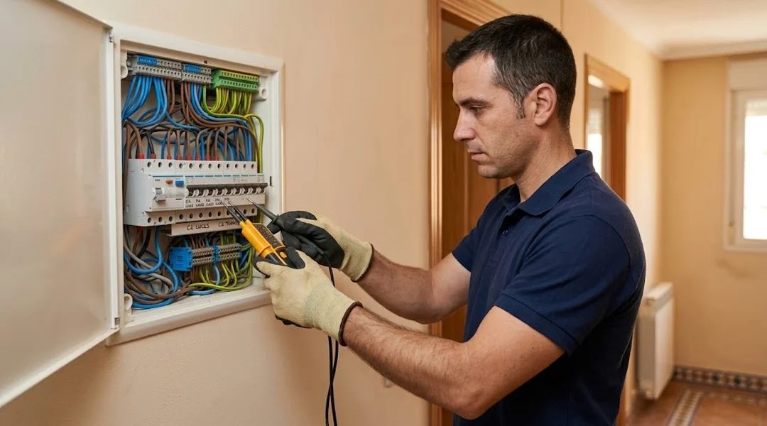 Electricista revisando un cuadro eléctrico en una vivienda