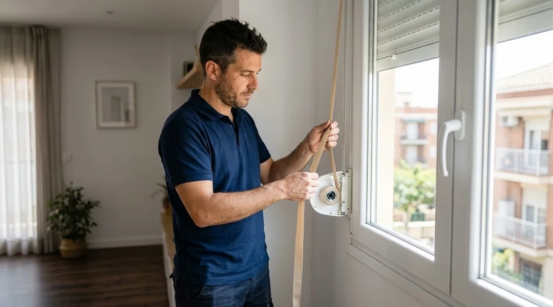 Técnico sustituyendo la cinta de una persiana en una vivienda