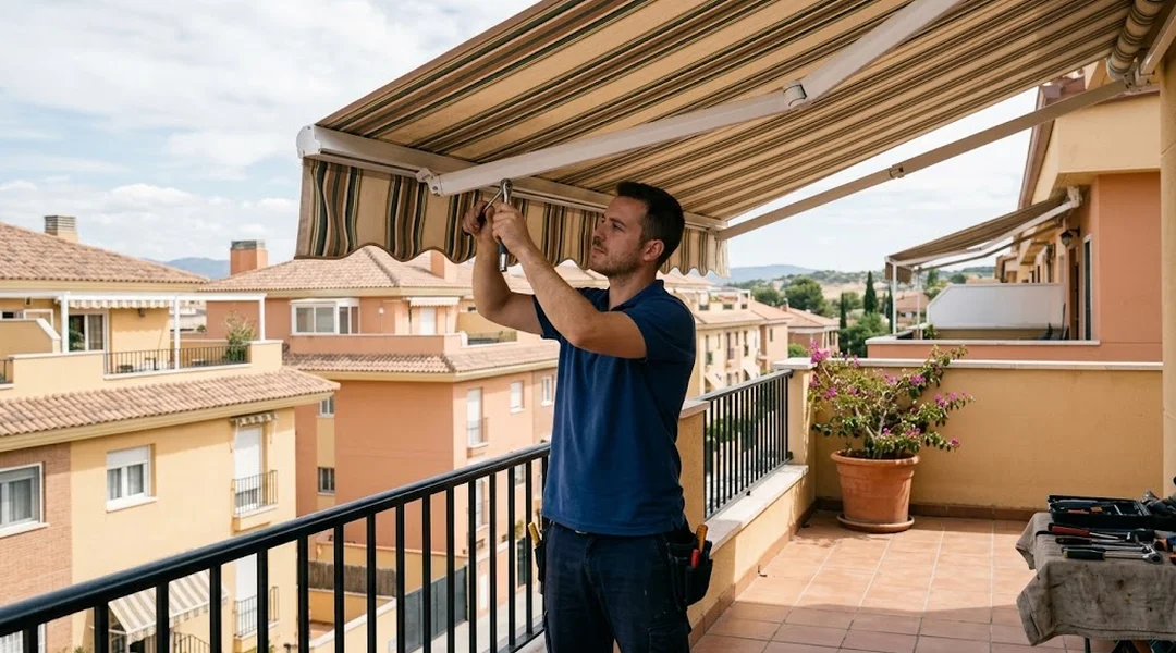 Instalador montando un toldo de brazo en una terraza